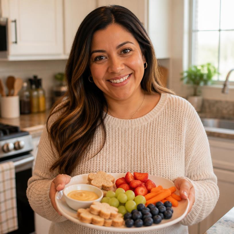 Gloria Ruíz, creadora de Loncheras Felices, en su cocina con un plato de snacks saludables